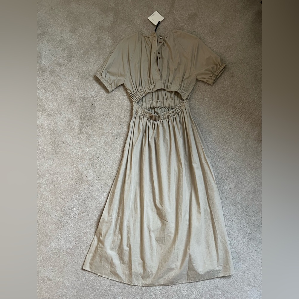 Vicolo Italiam Cream Smocked Midi Sundress with Cuffed Sleeves